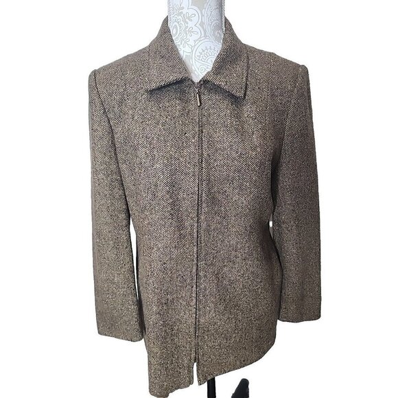 Talbots Wool & Silk Jacket Coat Brown Tweed Full Zip Herringbone Lined Women's 8 - Picture 2 of 12